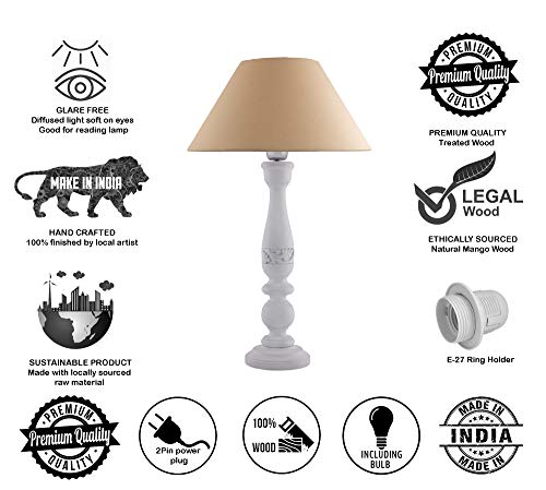 Image of Homesake Handcrafted Wooden Table Lamp for Bedroom & Living Room|Decorative Bedside Reading Lamp with Fabric Shade, E27 Holder|Bulb Included|White Floral Carved Base for Home Decor, Golden