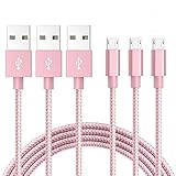 AOKER 3pcs 10ft Nylon Braided High Speed 2.0 USB to Micro USB Charging Cord Fast Charger Cable for Samsung Galaxy S7/S6/S5/Edge,Note 5/4/3,HTC,LG,Nexus and More (Pink 3pack 10ft)