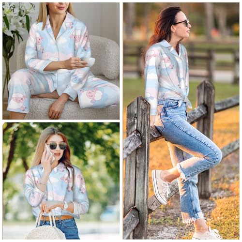 Image of Women'S Long Sleeve Pajama Set Soft Loungewear Button-Down Top & Elastic Waist Pants S- 2XL