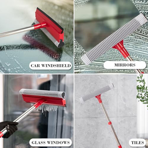 Image of (15.7 inch-27.5 inch) Retractable Stainless Steel Handle Window Squeegee, 2-in-1 Windshield Cleaner Tool for Cars, Trucks, Glass Doors, Shower Glass, Outdoor Windows - Window Cleaner (Red)