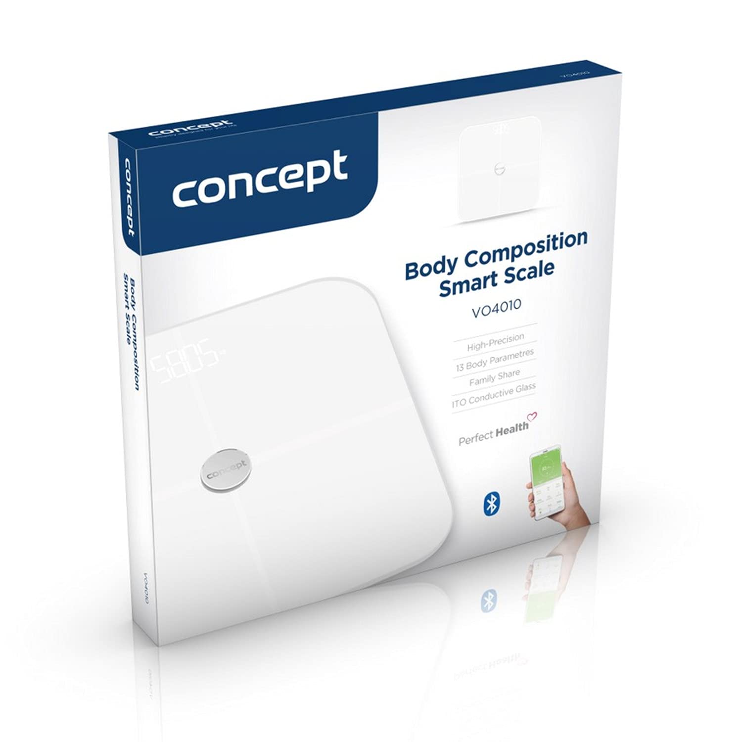 Concept VO4010 - Báscula de diagnóstico de cristal con aplicación, báscula digital, análisis corporal, báscula de grasa corporal, masa muscular, indicador LED, Bluetooth peso hasta 180 kg