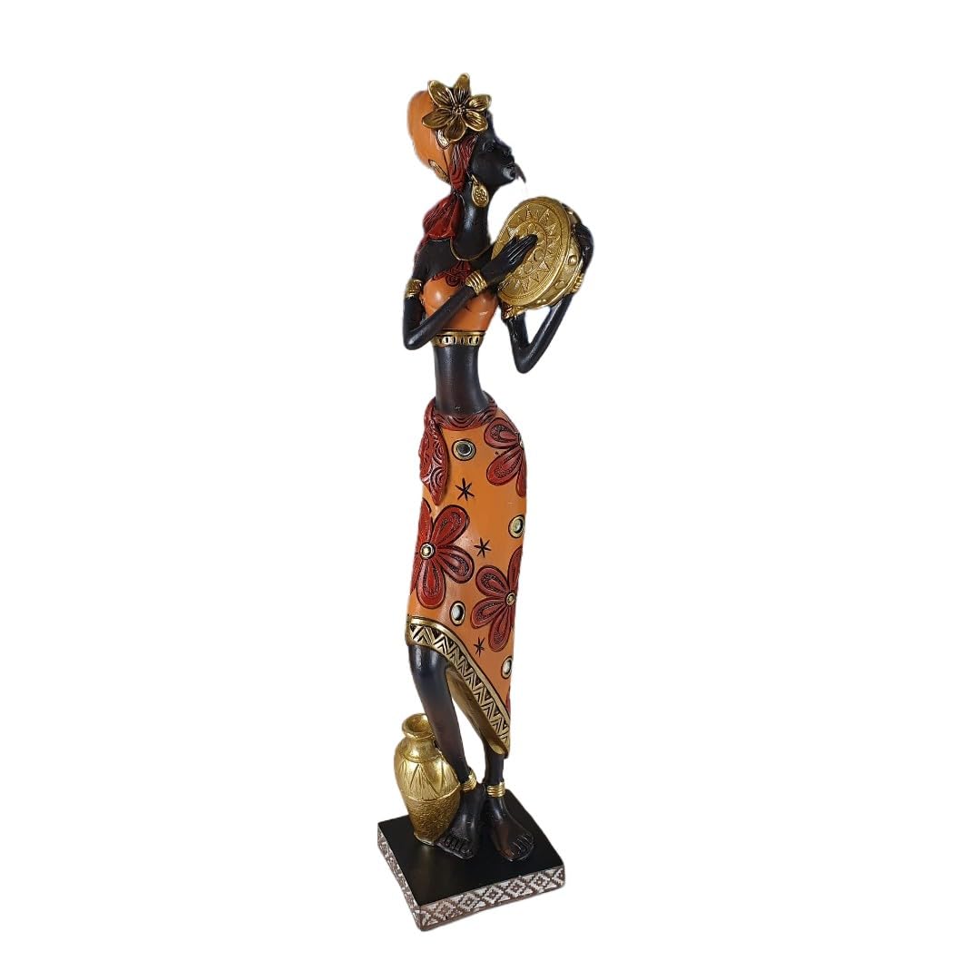 Afrykańska figurka dekoracyjna kobiety z bębnem w dłoni 38 cm, afrykańska dekoracja, figurka damska