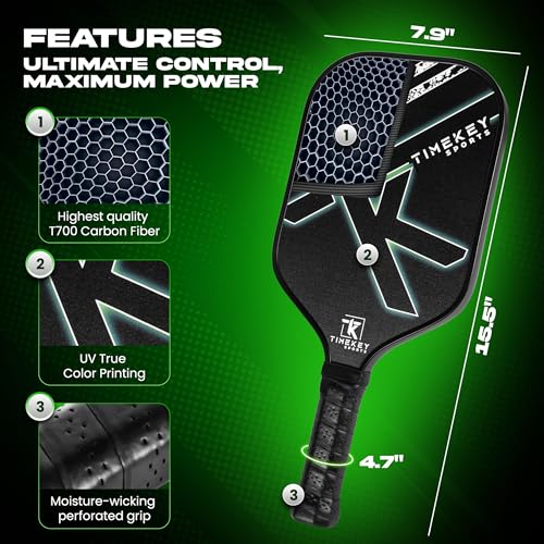 TimeKey Sports Pickleball Paddles Set with Reinforced Carbon Fiber Surface and Comfort Grip – Pickle Ball Rackets with T700 Raw Carbon Fiber & Honeycomb Polypropylene Core