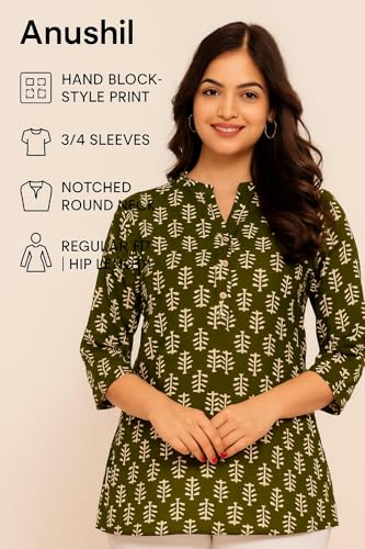 Image of Women's Cotton Printed Kurta Top | 3 /4 Sleeve Straight Kurti Casual Outings
