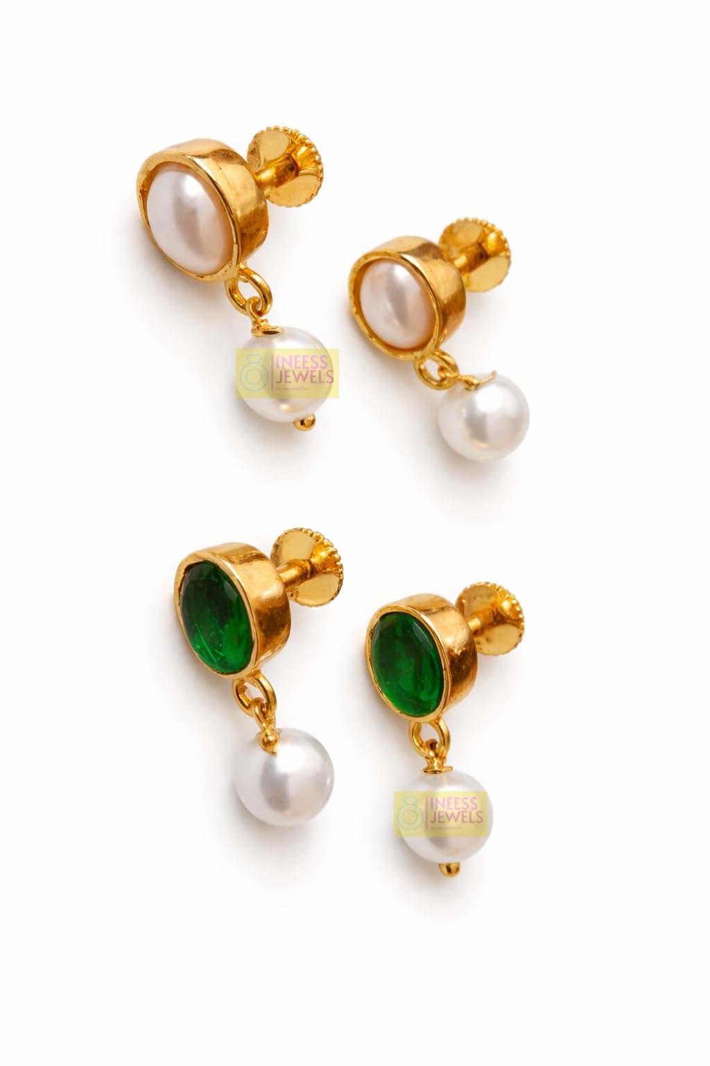 Gold Plated Pearl Drop Earrings Combo for Women | White & Green Stone Earrings Set | Copper Handmade Threaded Screw Back Earrings | Traditional Daily Wear Jewellery-image-24