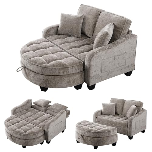 Image of ERYE Chenille Tufted Loveseat Sofa and Ottoman Set, Tufted Recliner Sleeper Chaise Lounge with Curved Storage Ottoman,Reclining Backrest and Side Pockets, 4 Pillows