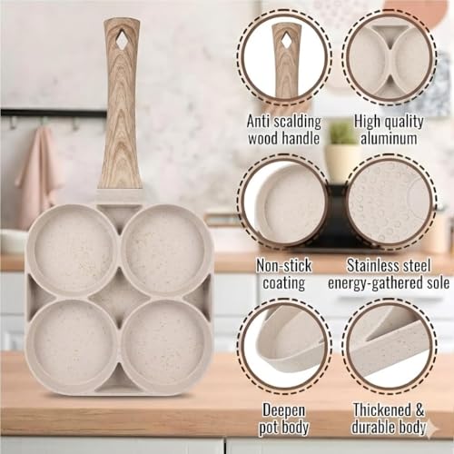 Image of 4 in 1 Non-Stick Breakfast Frying Pan with Heat-Resistant Wooden Handle, Multi-Section Skillet for Eggs, Pancakes, Sausages, Gas Stove Compatible, Easy to Clean, (White B, 17cm)