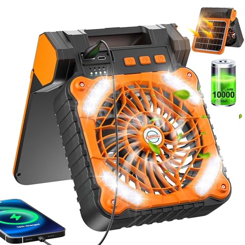 Clemas Camping-Ventilator mit Licht, batteriebetriebener und solarbetriebener Ventilator, 10.000 mAh, wiederaufladbare Ventilatoren, Ventilador für Zelte, Zuhause und Outdoor-Aktivitäten, bleiben Sie