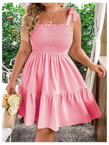 Image of Floerns Women's Plus Size Summer Knot Tie Shoulder Ruffle Straps Flounce Flowy Smocked Sundress Shorts Dress