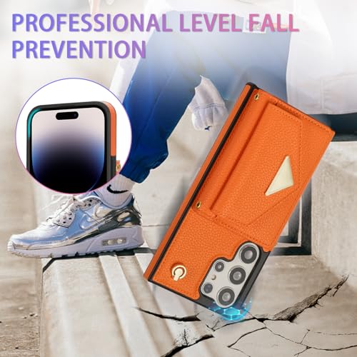 Étui portefeuille iPhone 17 Pro cuir mat orange housse protection intégrale avec sangle - 7