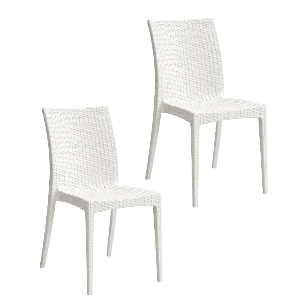 PALUPLUS Set 2 Sedie da Giardino effetto Rattan in Polipropilene colore BIANCO, misura 47x59x86 cm, Sedia Impilabile Senza Braccioli per Esterno ed Interno -VERO954F-9