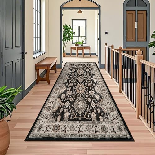 TOPRUUG Washable Hallway Runner Rug 4x10: Non Slip Runner Rugs with Rubber Backing Soft Kitchen Rug Farmhouse Distressed Carpet Runner for Living Room Bedroom Bathroom (Black, 4X10)