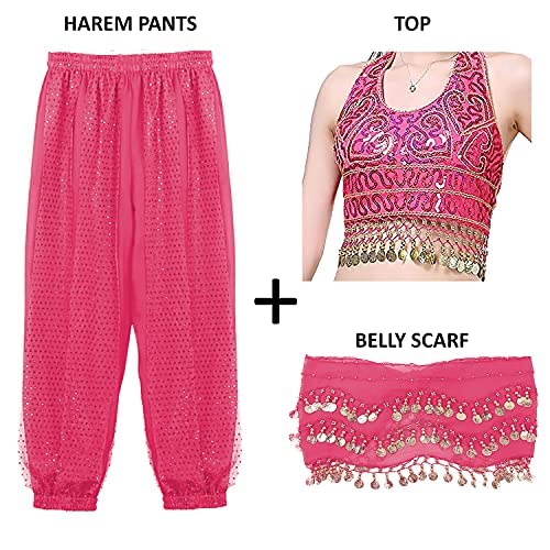 Image of VRITRAZ Women's Chiffon Belly Dance Heart Design Chiffon Top, Harem Pants And Hip Scarf Ringy Fancy Pants (Pink)