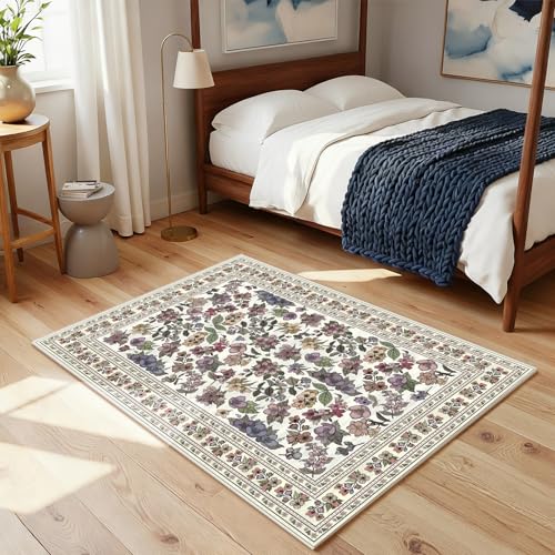 Tapete vintage floral beige 2x3 pies antideslizante miniatura 3