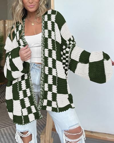 Image of BTFBM Casual Cardigan Sweater for Women Fall 2026 Long Sleeve Open Front Chunky Knit Sweaters Checkered Outwear Coat