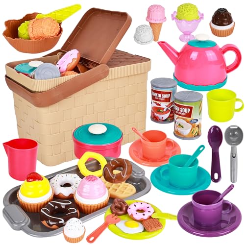 Picnic Basket Toys Play Tea Sets with Teapot Tea Cup Dessert Food Ice Cream Playset Pretend Play Kitchen Accessories Tea Party Set for Toddlers Kids Little Girl Boy Age 3-7 Years Old