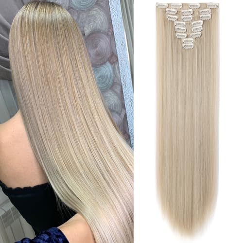SEGOHAIR Extensiones de Clip de Pelo Natural 8 piezas 18 clips para un uso completo como cabello liso-Extensión sintética para mujeres 66cm marrón ceniza claro mezcla de rubio decolorado