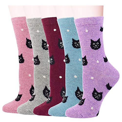 Womens Warm Wool Socks-5 Pairs Cat Printed Cotton Thick Winter Soft Casual Crew Sock,One Size(5-10)