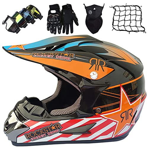 DFGRFN Casco Motocross Niño 5~12 Años Dot Homologado Casco Moto Integral Unisex para Moto Cross Descenso Enduro MTB Quad BMX Bicicleta (Gafas Máscara Guantes) - Naranja,S Cover
