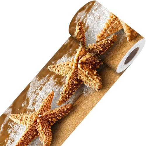 Image of Nuxovilar Beach Starfish Wave Peel Stick Wall Border PVC 3.94x16.4' | Wall Trim, Molding Decal, Peel Stick Border, Adhesive Frame, for Bedroom, Kitchen, Living Room (Beach Starfish)