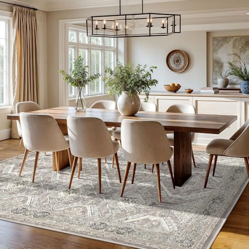 KUTA Ivory Grey Yellow Area Rugs for Living Room 8x10, Washable Large Rug for Bedroom 8ft x 10ft, Non-Slip Ultra Soft Printed Boho Oriental Distressed Dining Room Low-Pile Cozy Carpet