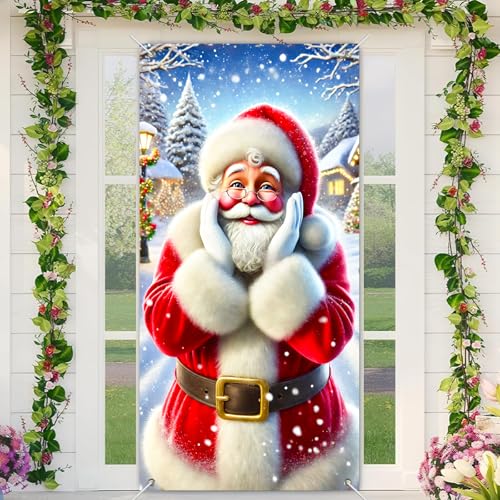Image of BlissYard Christmas Door Cover Decoration Surprised Santa Snowy Scene 35x71 Inches Front Door Banner Xmas Hanging Decor for Home Holiday Christmas Photo Backdrop Winter Festival Supplies