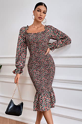 Prettygarden Women's Long Puff Sleeve Floral Midi Bodycon Dresses Square Neck Ruffle Mermaid Smocked Dress (Black Orange,Small) #TOP2