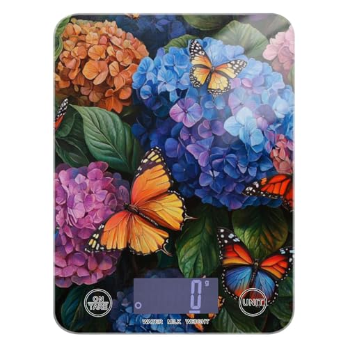 QwThum Food Scale Kitchen Digital Scale Food Ounces and Grams Dieting Baking Cooking Waterproof Glass Panels LCD Display,4 Units Scale Tare Function Hydrangea with Butterfly