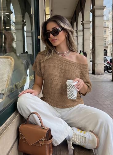 Image of Cakulo Womens Off The Shoulder Batwing Short Sleeve Crochet Tops 2026 Spring Summer Sweater Top Knit Beach Cover Up