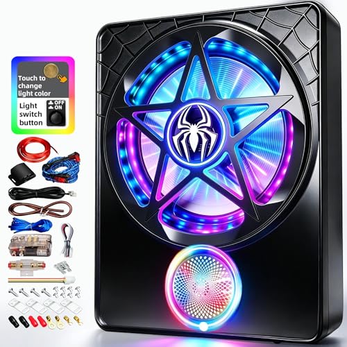 Image of 10 inch Under Seat Subwoofer with Amp 3000W Slim Powered Car Audio | 3-Way Full Range Sound with RGB Beat Sync LED, Bass Boost, Low Pass Filter, Plug & Play Design for Trucks SUVs and Cars