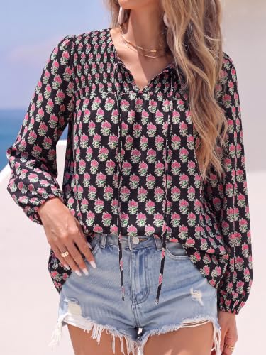 KIRUNDO Boho Tops for Women Trendy 2026 Fall V Neck Floral Peasant Blouse - image 4