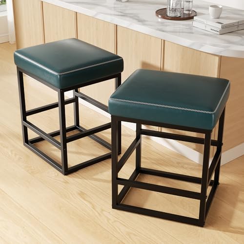 Image of Bar Stools Set of 2, 24in Counter Height Barstools, Faux Leather Counter Stools with Thick Square Seats & Sturdy Metal Base, Modern Bar Chairs for Kitchen Island (Navy Blue)