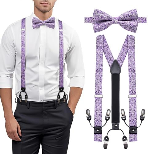 Image of YOHOWA Men Suspenders 6 Clips Strength Adjustable Y Braces Pre-Tied Bow Tie Set Formal Wedding Party