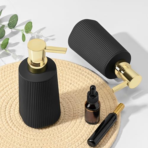 Image of Black and Gold 2 Pack Hand Soap Dispensers Set with No Rust Pump for Bathroom and Kitchen Countertops Refillable Matte Striped Plastic 8.5 oz