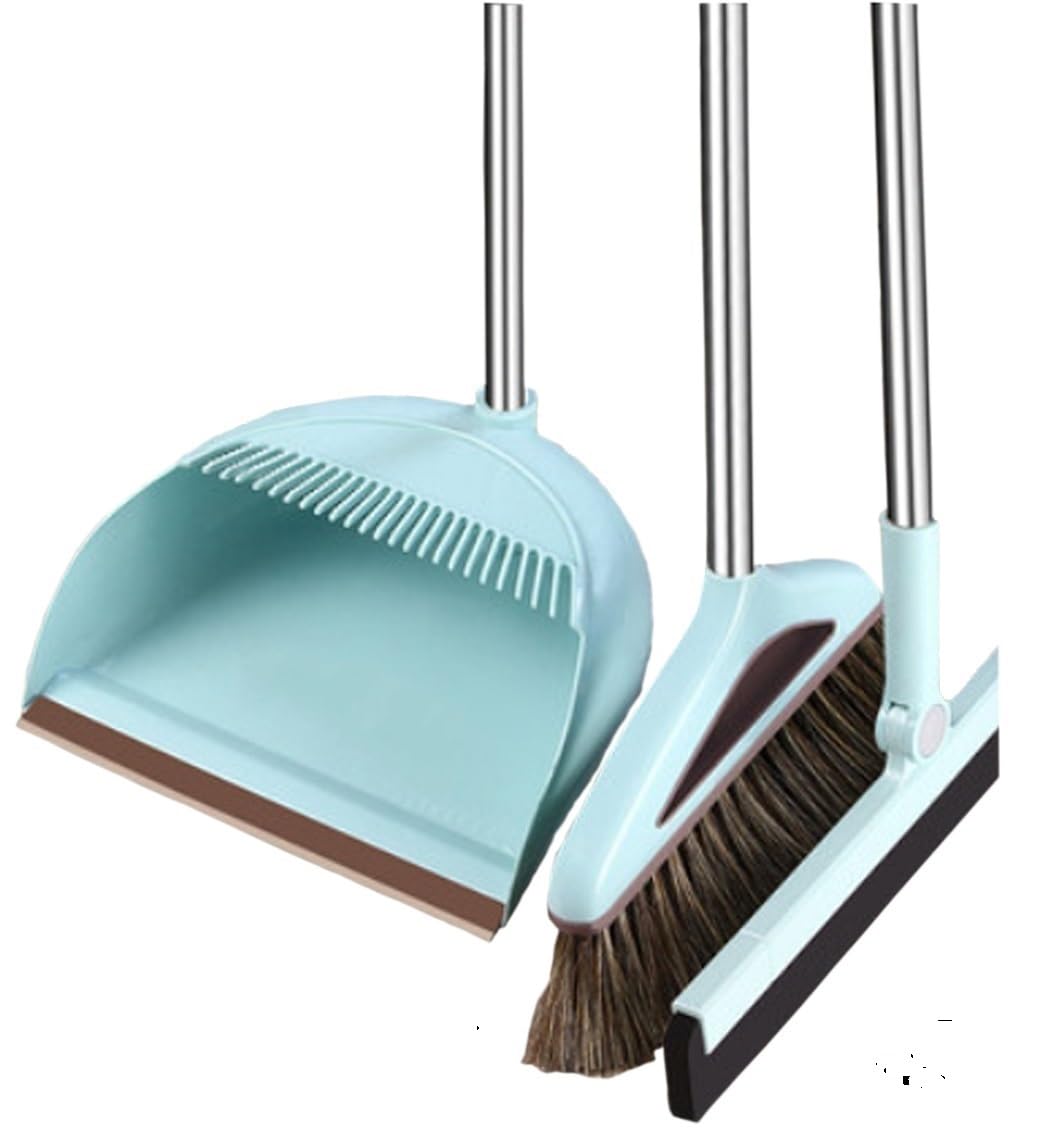 Broom and Dustpan Set Broom Dustpan Combo,Dust Pan Household Broom Mane Bristle Floor Squeegee Blue ZZC Three Pcs -Round