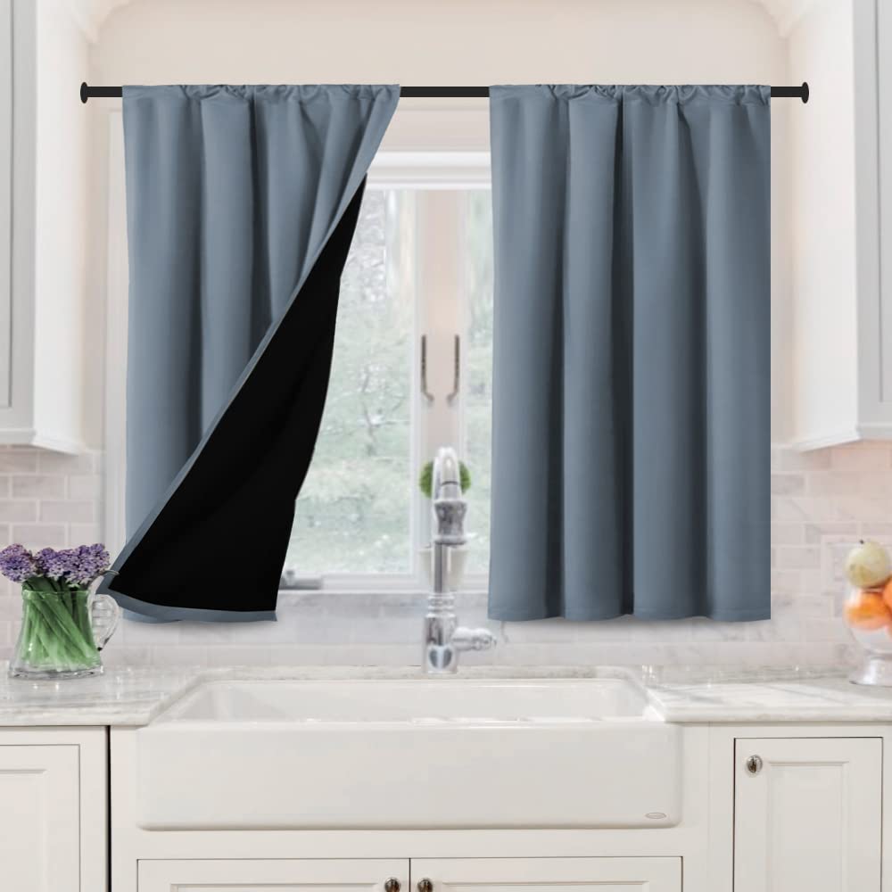 H.VERSAILTEX100% Blackout Curtains for Bedroom Short Curtains Half Window Curtains for Kitchen, Privacy Energy Saving Curtain Tiers for Bathroom Shades, W 42 x L 36 inch, Stone Blue, Set of 2
