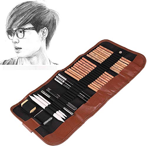 Powstro K Sketching Pencil Set,18pcs Pen Charcoal Sketch Set Roll Up Canvas Carry