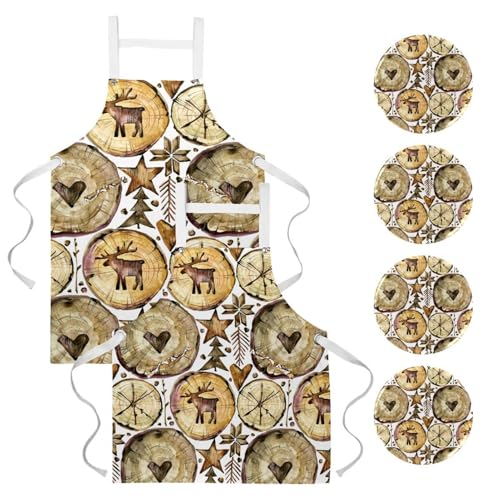 Tablier de cuisine pour restaurant lot de 2 avec broches et motif élan en bois