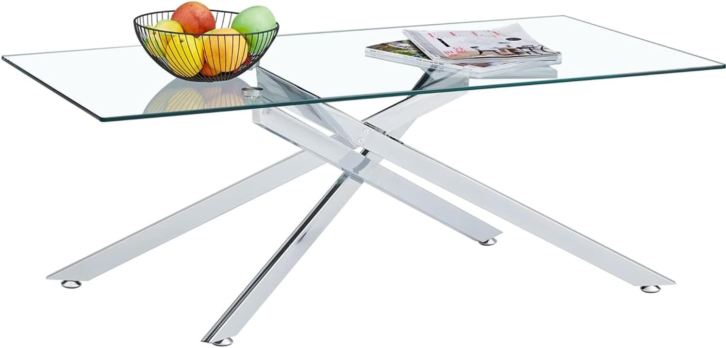 47" Rectangle Coffee Table with Silver Chrome Metal X-Pedestal, Rectangular Tempered Glass Coffee Table, Rectangle Center Table Mid Century Modern Coffee Table Tea Table Living Room Table
