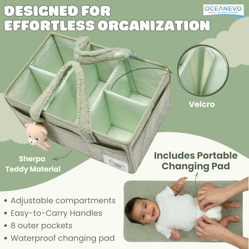 Image of OCEANEVO Fur Diaper Caddy Organizer Bag | WITH Diaper Changing Mat, Bag Charm and Luggage Tag | New Born Baby Essentials | For Mothers for Travel - 38 x 25 x 18 cm - Green - 1 Year Warranty