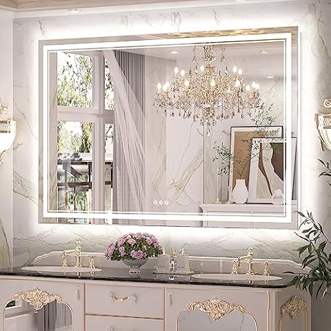 Keonjinn LED Bathroom Mirror 60" x 40" with Frontlit and Backlight, Tempered Glass Stepless 3 Colors Temperature & Dimmable Vanity Mirror, UL Listed LED Driver, Double Lights Anti-Fog Wall Mirror Cover