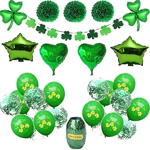 St. Patrick’s Day Decorations - 30cs Green St. Patty’s Day Party Supplies, Shamrock Banner, Clover Balloons, Star Foil Balloons, Pom Poms for Irish Saint Patrick's Day Decor Cover