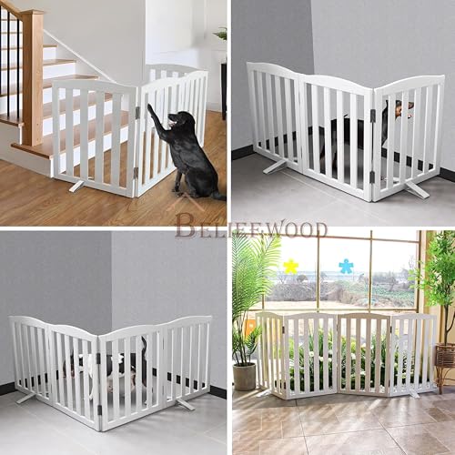 Image of Freestanding Pet Gate, Folding Safety Fence Wooden Kids & Dog Gate with 2PCS Support Feet Ideal for Stairs, Doorways, Halls, Kitchens, Indoors Gates, 24 inch(60 Cm), White (3 Panel)