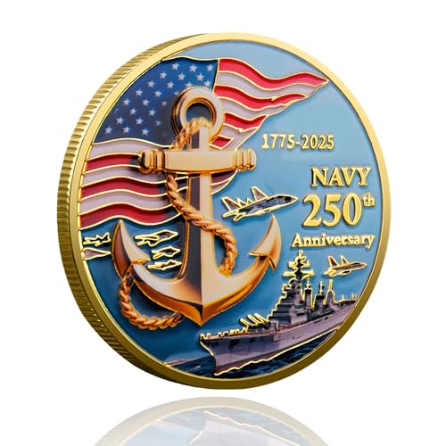 Image of Navy & Marine Corps 250th Anniversary Challenge Coin Double-Sided Gold Plated Military Commemorative Coin US Navy Collectible Warship Coin Veteran Gift, Armed Forces Memorabilia Sailor Souvenir (Navy)