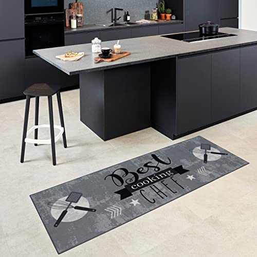 Carpet Studio Tapis Cuisine Antidérapant, 65x180cm, Tapis Couloir, 30°C Lavable, Decoration Cuisine, Résistant, Gris - Best Chef