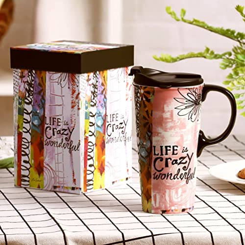 DUSVALLY Ceramic Coffee Mug with Lid Porcelain Cup with Color Box 17oz.Life Crazy Wonderful, Life is Crazy Wonderful - Image 3