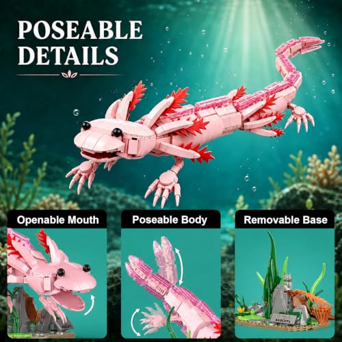 Axolotl Building Set, Compatible with LEGO Animals, Marine Animal Building Kit with Movable Joints & Display Base, Building Toys Desk Decor, Creative Gift for Girls Kids Boys 8+ (998 PCS) - Image 3