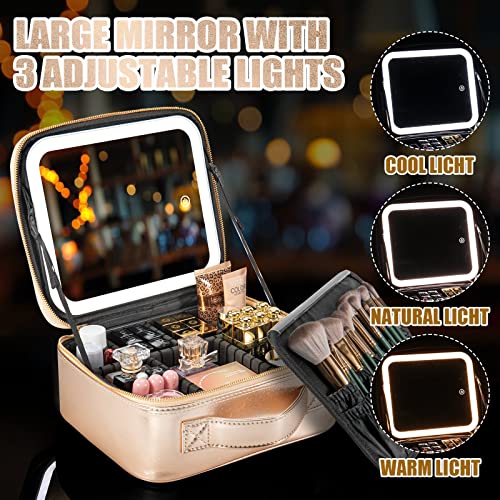 Extrei Gent Makeup Travel Train Case With Mirror Led Light 3 Adjustable Brightness Cosmetic Bag Portable Storage Adjustable Partition Waterproof Makeup Brushes Makeup Jewelry Gift For Women (Gold) #TOP3