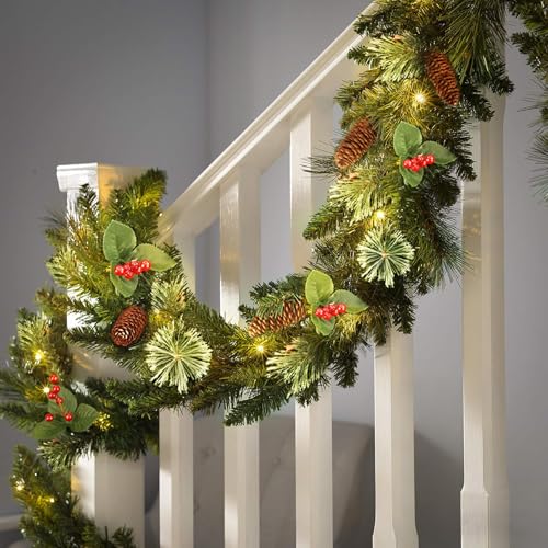 SHareconn 2Pcs 9FT Prelit Artificial Christmas Garland with Color Changing Lights and Timer by Batteries Operated for Mantle Table Stairs Fireplace Xmas Decoration, Holiday Indoor Outdoor, 9 FT, Green