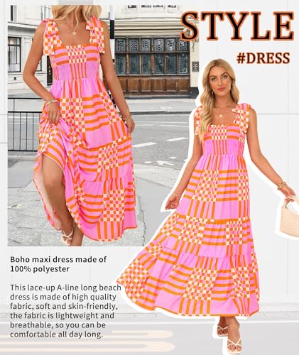 Women's Summer Maxi Dress Boho Spaghetti Straps Casual Long A-line Smocked Beach Dress Square Neck Flowy Sun Dress3